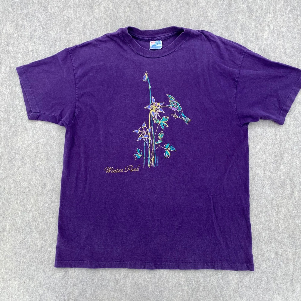 Vintage 1990 Hanes Beefy-T Winter Park Colorado Hummingbird T-Shirt Purple XL